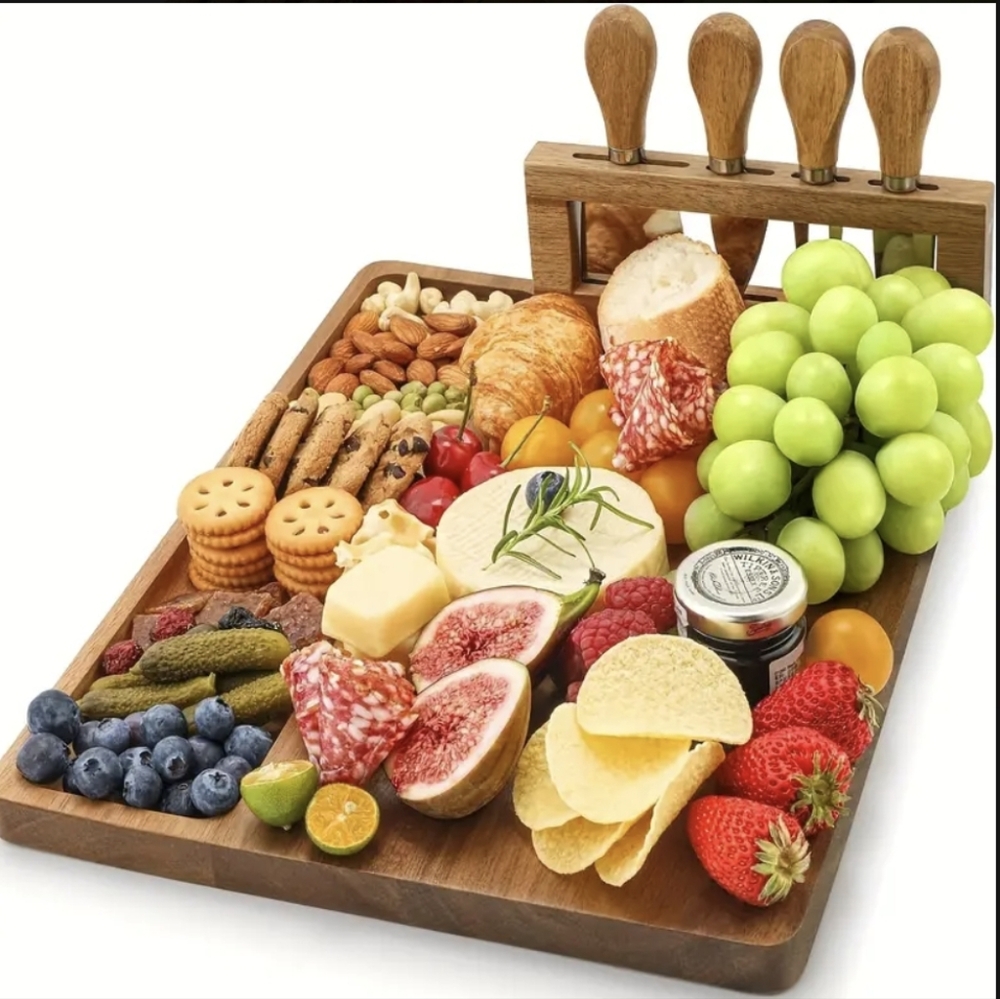 Cheese Tray and Magnetic Knife Holder - 14" x 11" Large Charcuterie Board Set